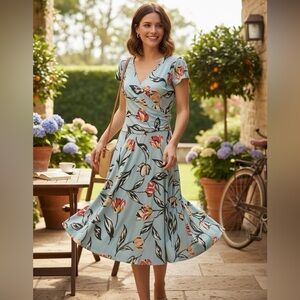 Maggy London Blue Floral Print Faux Wrap Midi Dress | Size 14